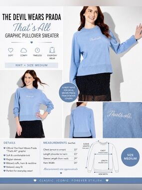 NWT The Devil Wears Prada “That’s All.” Graphic Pullover Sweater Sky Blue SZ M